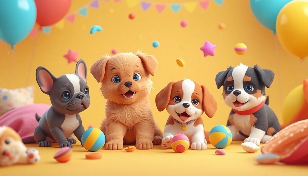Cute playful puppies enjoying a colorful scene representing funny and adorable B names for boy dogs.