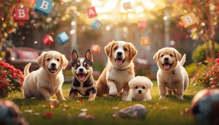 Happy playful boy dogs of different breeds enjoying a colorful garden scene for a guide about unique B names for male dogs.