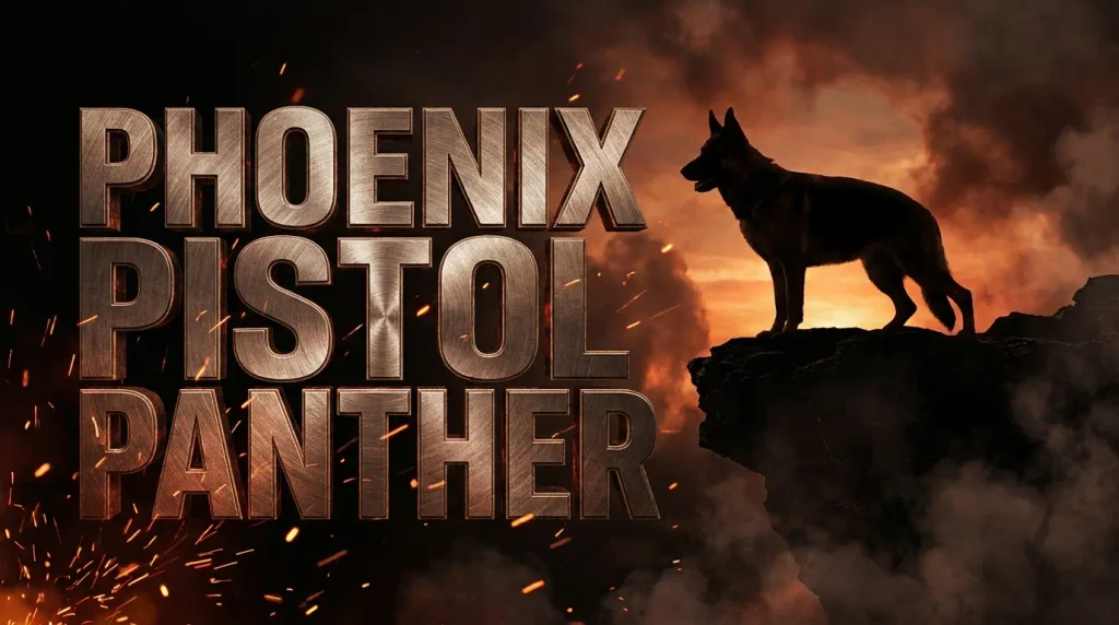 A dramatic dark background with bold metallic text spelling Phoenix, Pistol, and Panther, with a silhouette of a strong female dog.