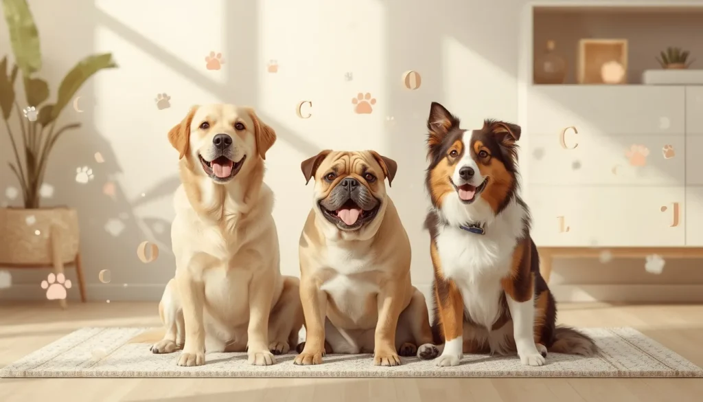 Happy dogs surrounded by creative naming ideas and C letter elements