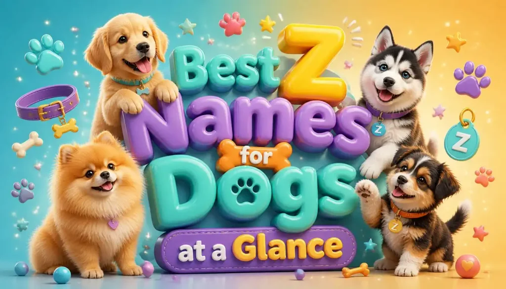 Colorful 3D floating typography banner showing the best Z names for dogs with cute puppies and playful pet accessories.