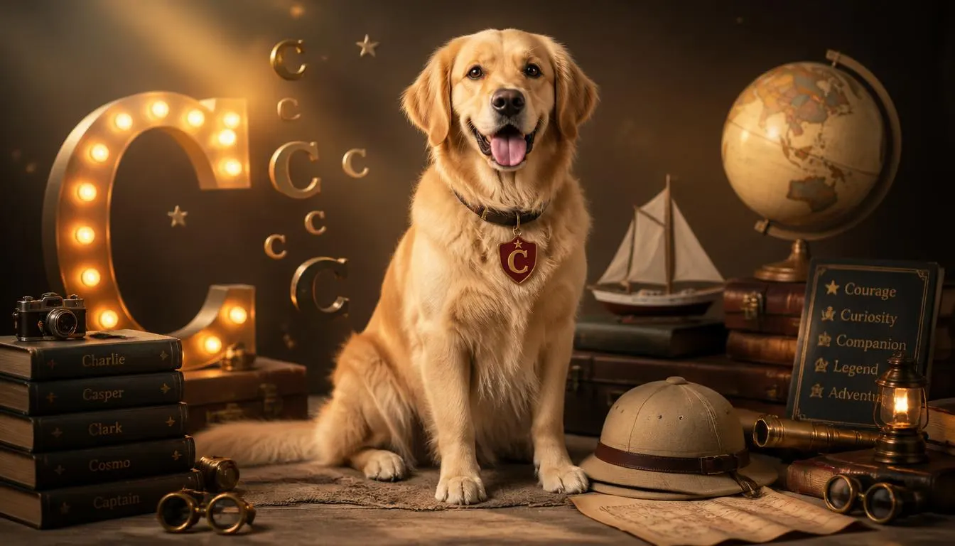 Dog surrounded by famous-inspired C names like Charlie, Casper, Clark, Cosmo, and Captain