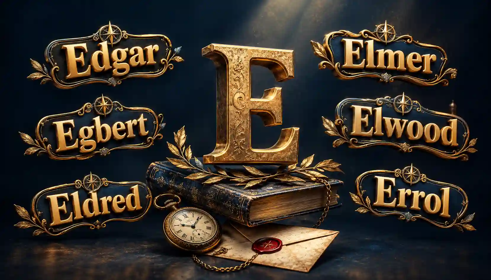 Classic and timeless E names for boys with a 3D gold letter E floating above antique books, a pocket watch, and a wax-sealed envelope on a navy background