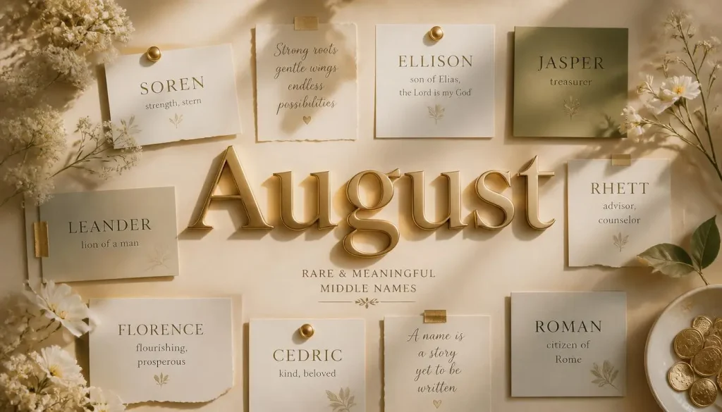 Unique middle names for August displayed as elegant baby name inspiration with rare and meaningful choices