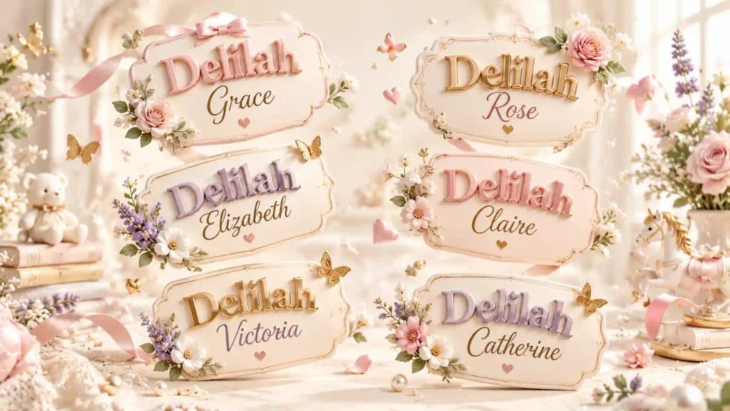 Elegant classic middle names for Delilah with floating 3D name designs.
