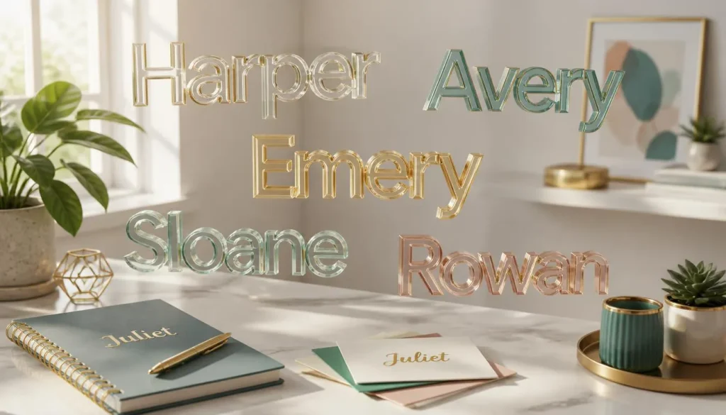 Modern middle names for Juliet with trendy stylish girl name combinations in elegant 3D design