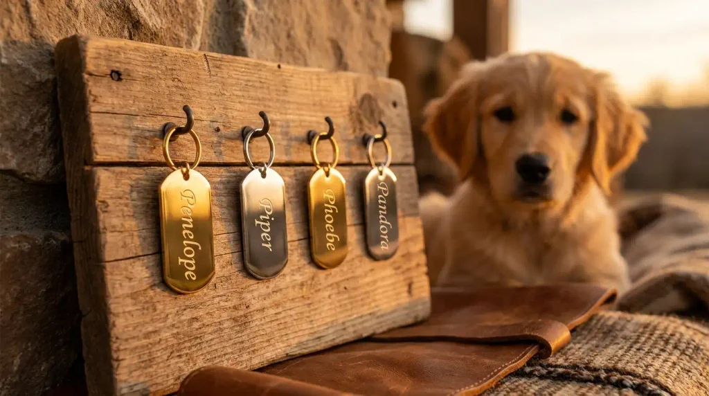 Elegant dog tags hanging on a rustic wooden board, each engraved with classic P names like Penelope, Piper, and Phoebe in golden script.