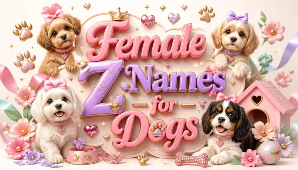 Cute 3D floating text design for female Z dog names featuring adorable puppies and colorful pet decorations.