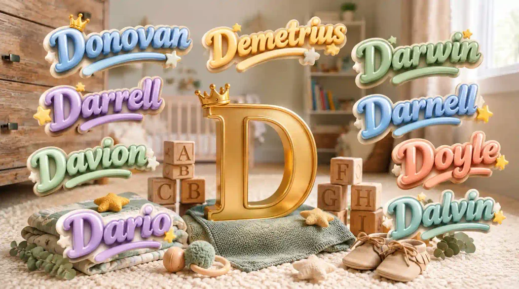 Unique D boy names recommended including Donovan, Demetrius, Darwin, Darrell, Darnell, Davion, Doyle, Dario, and Dalvin in stylish 3D typography