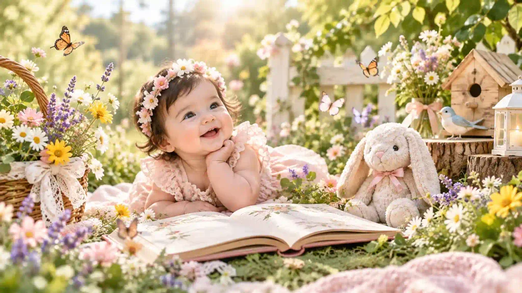 Floral and nature-inspired middle names for Mila with a beautiful botanical baby naming scene