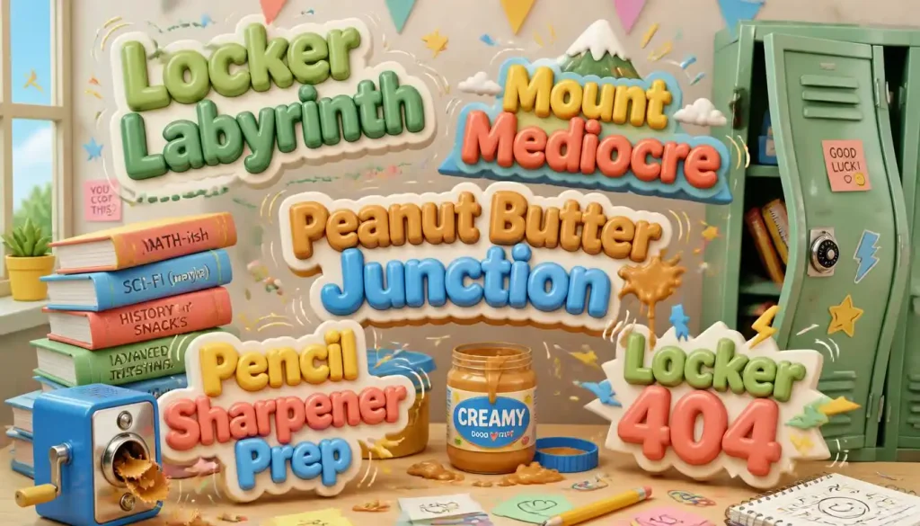 Colorful 3D floating funny fake middle school names such as Locker Labyrinth, Mount Mediocre, Peanut Butter Junction, Pencil Sharpener Prep and Locker 404.