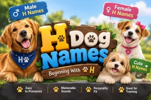 3D illustrated feature image featuring three happy dogs and colorful signs with “H Dog Names,” highlighting male, female, and cute H names, plus easy pronunciation, memorable sounds, personality fit, and training-friendly naming.