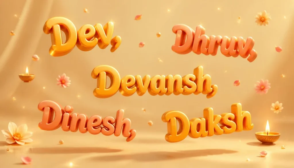 Playful 3D floating text of Hindu boy names Dev, Dhruv, Devansh, Dinesh, and Daksh in warm marigold tones against a soft cream background.