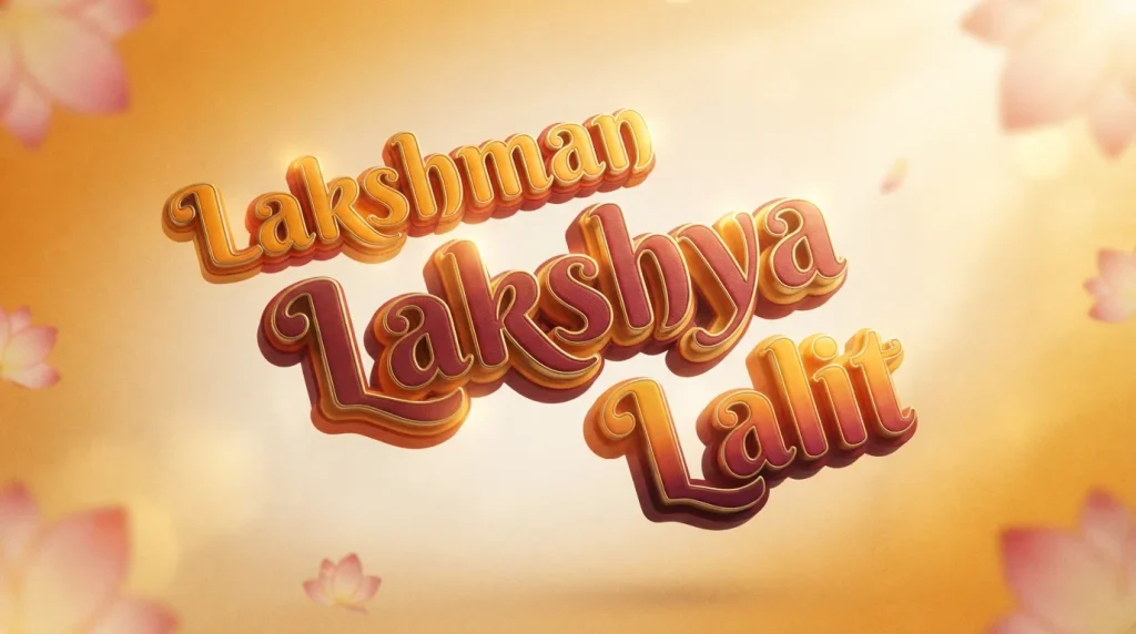 Saffron and maroon 3D floating text of the names Lakshman, Lakshya, and Lalit on a marigold background with lotus-petal motifs.