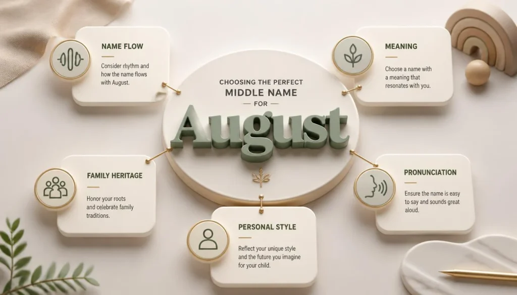 Guide showing how to choose the perfect middle name for August based on meaning, style, pronunciation, and name flow