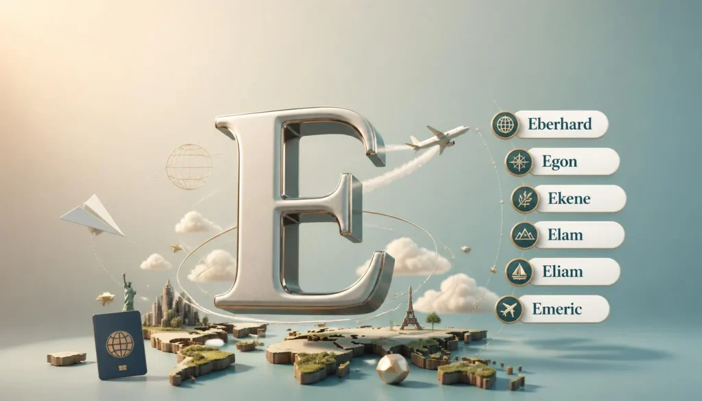 International and heritage E names for boys with a 3D chrome letter E floating above a miniature world with continents, a paper plane, and globe lines