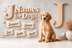 Cute Golden Retriever puppy with a 3D J letter representing unique J names for dogs.
