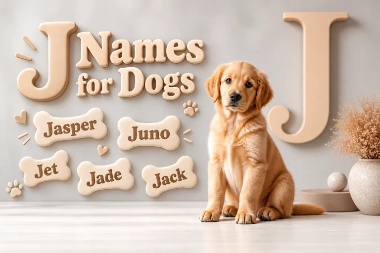 Cute Golden Retriever puppy with a 3D J letter representing unique J names for dogs.