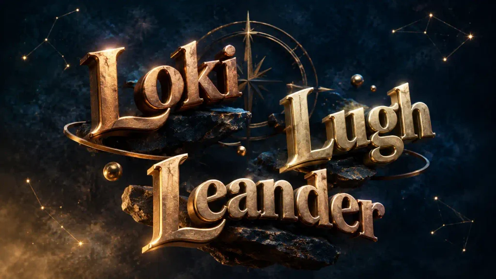 Bronze and gold 3D floating text of the names Loki, Lugh, and Leander on a midnight-blue background with faint constellation lines.