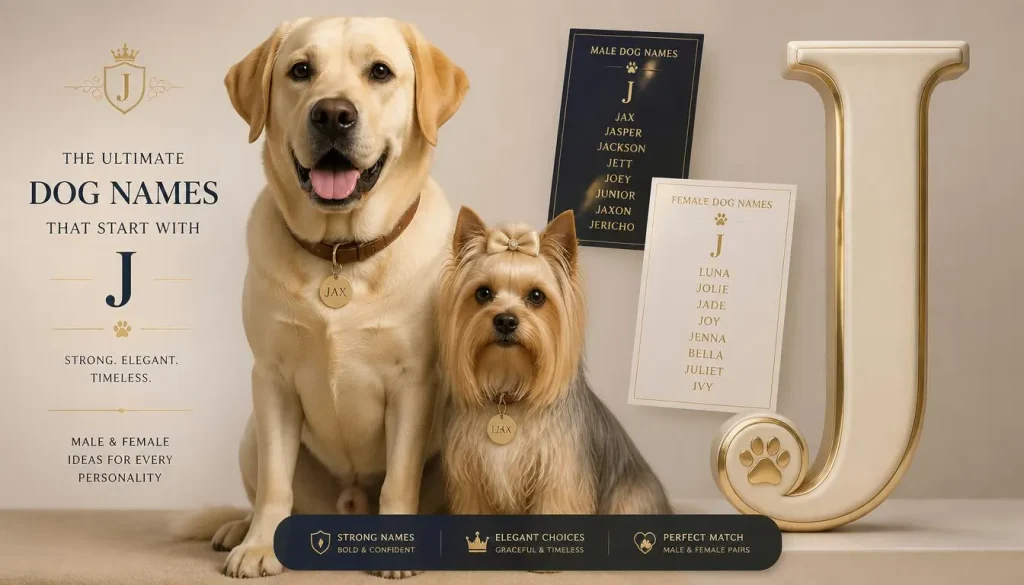 Male and female dogs with J name ideas represented in a premium naming guide design.