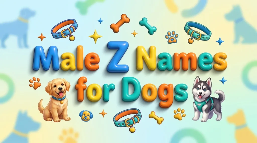 3D colorful typography showing male Z names for dogs with cute puppies and playful pet-themed elements.