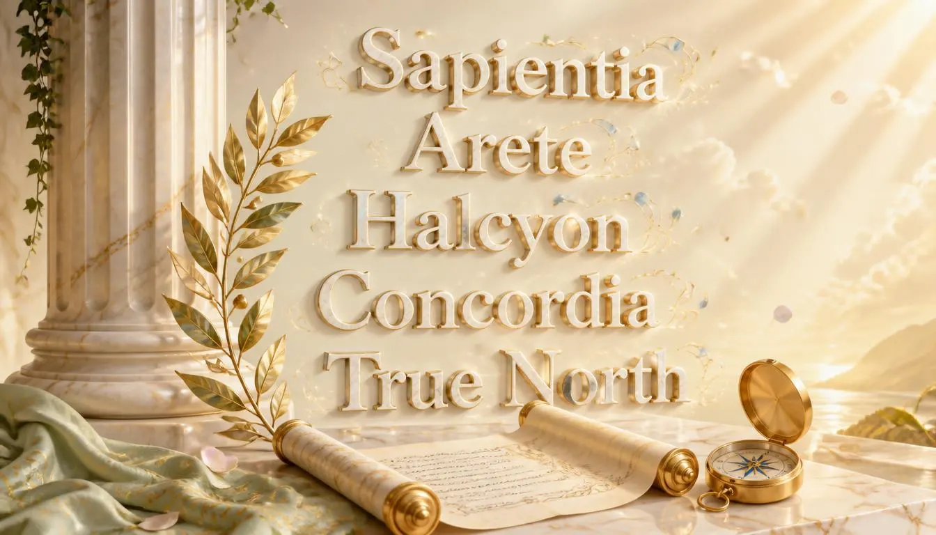 Glowing 3D floating meaning-based fake school names Sapientia, Arete, Halcyon, Concordia and True North with a marble column, laurel and compass.