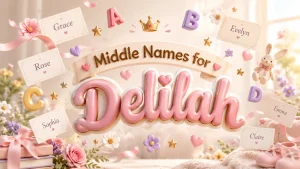 Middle Names for Delilah featuring elegant and unique baby name ideas with playful 3D typography, floating name cards, and stylish pastel nursery-inspired design.