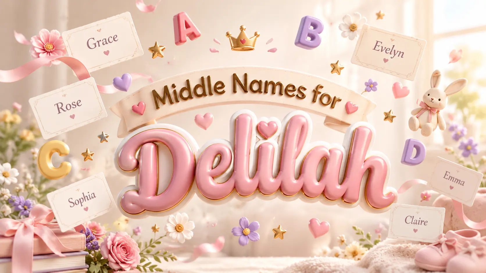 Middle Names for Delilah featuring elegant and unique baby name ideas with playful 3D typography, floating name cards, and stylish pastel nursery-inspired design.