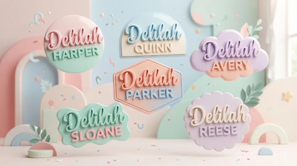 Modern surname-style middle names for Delilah with stylish 3D typography.