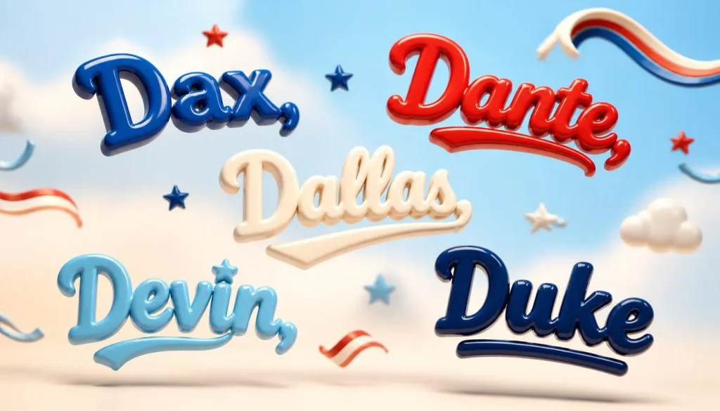 Playful 3D floating text of modern American boy names Dax, Dante, Dallas, Devin, and Duke against a bright sky-blue background.