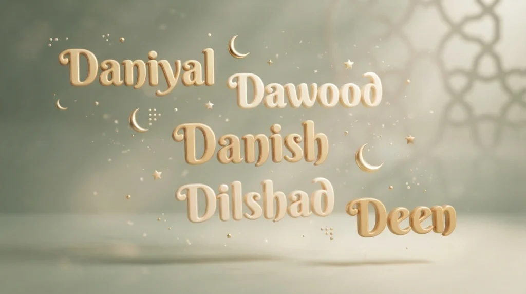 Playful 3D floating text of Muslim boy names Daniyal, Dawood, Danish, Dilshad, and Deen in gold tones against a soft sage background.