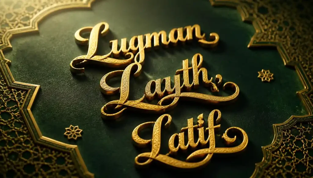 Gold 3D floating text of the names Luqman, Layth, and Latif on an emerald green background with Islamic geometric patterning.