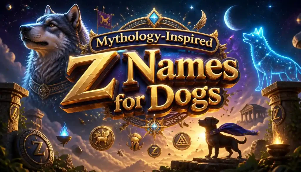 Fantasy-inspired 3D typography featuring mythology-based Z dog names with a majestic wolf and magical elements.