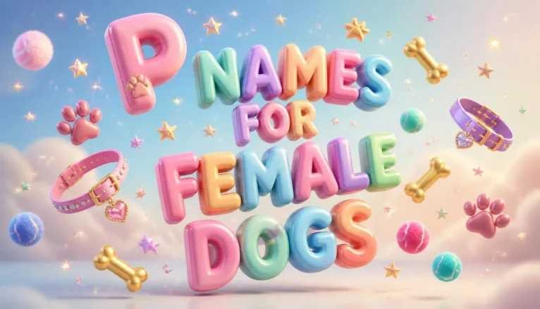 Playful floating 3D text spelling "P Names for Female Dogs" in vibrant pastel colors, surrounded by floating dog-related icons like bones, paw prints, and tennis balls against a soft gradient blue background.