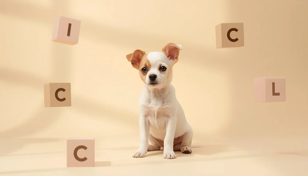 Cute puppy with simple alphabet elements representing short dog names