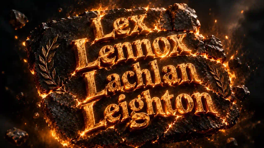 Ancient obsidian tablet cracked with glowing amber light, with the carved names Loki, Lugh, and Leander emerging from the fractures.