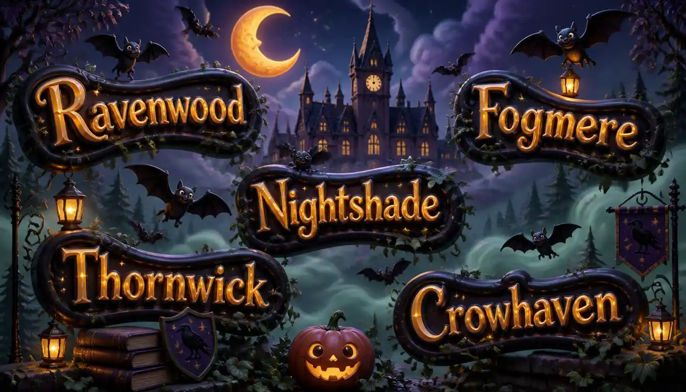 Floating 3D spooky and gothic fake middle school names Ravenwood, Fogmere, Nightshade, Thornwick and Crowhaven over a moonlit misty school silhouette.