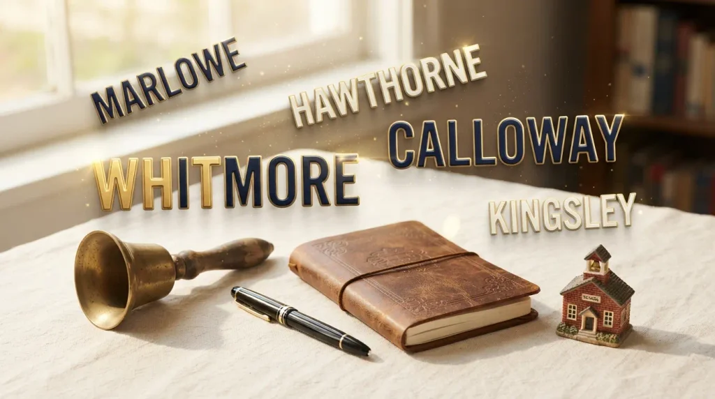 Floating 3D surname-style fake middle school names Whitmore, Hawthorne, Calloway, Kingsley and Marlowe above a vintage school bell and notebook.