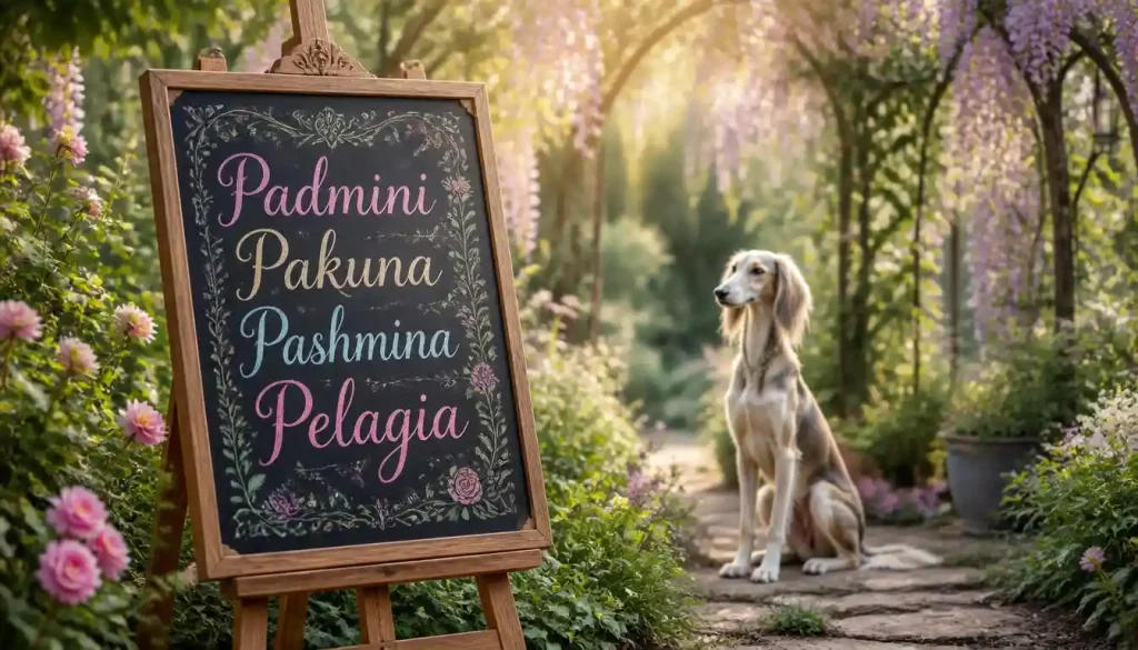 A whimsical chalkboard sign in a garden with unique P names like Padmini and Pashmina written in colorful floral letters.