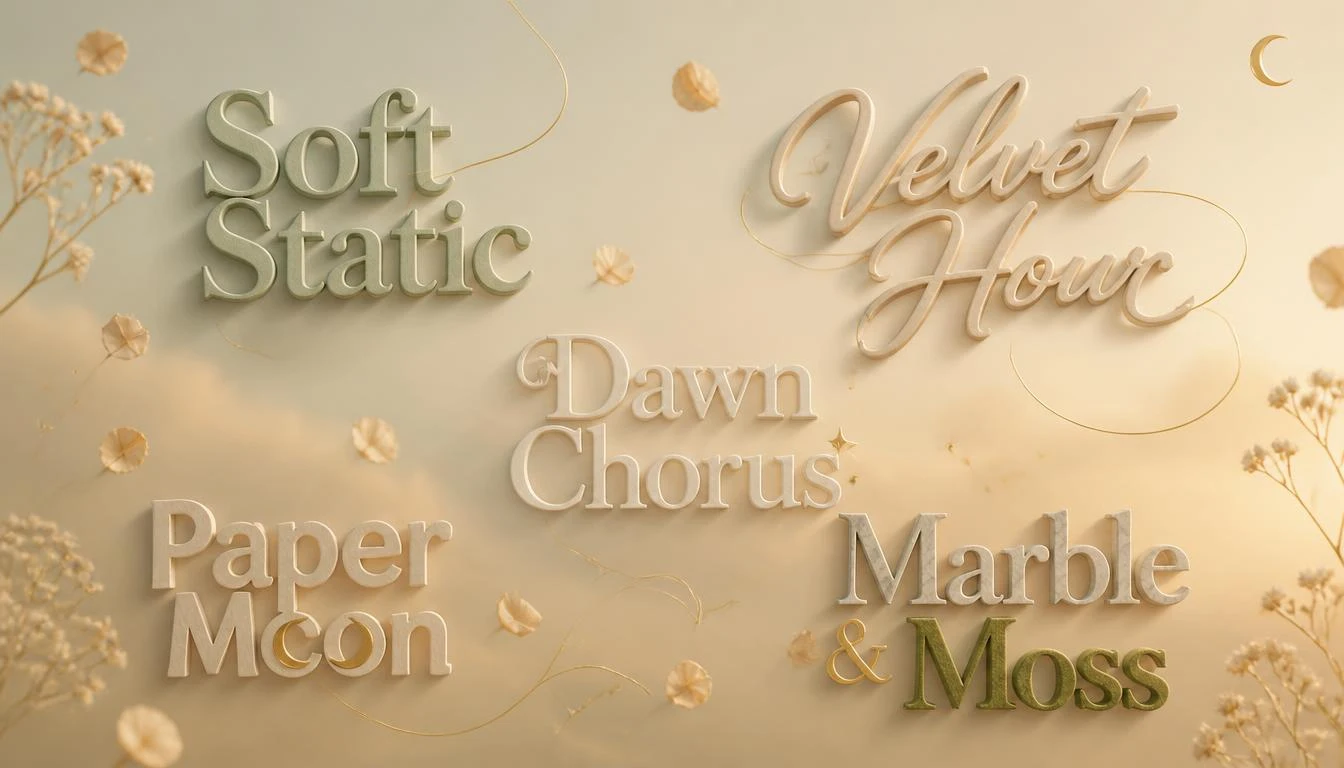 Soft Static: "Soft Static, an aesthetic group name, in pale sage matte 3D letters"
Velvet Hour: "Velvet Hour, an aesthetic name for a group of friends, in deep amber 3D script"
Dawn Chorus: "Dawn Chorus, an aesthetic group name, in warm cream 3D text with tiny floating petals"
Paper Moon: "Paper Moon, an aesthetic group name, in soft gold 3D letters beside a small crescent moon"
Marble & Moss: "Marble & Moss, an aesthetic group name, in polished white and moss-green 3D text"