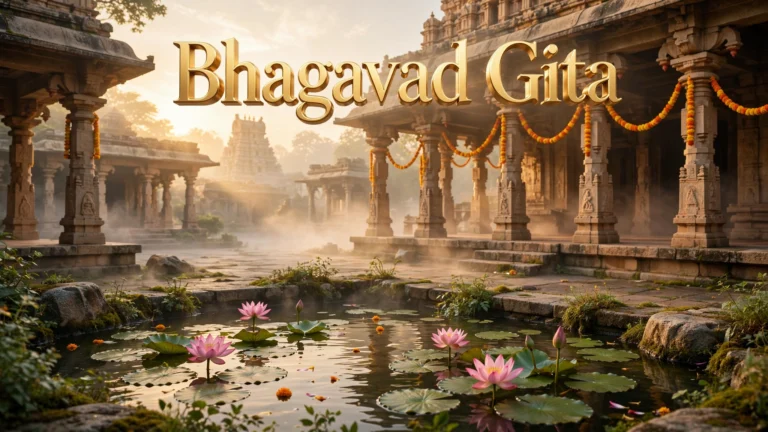 Bhagavad Gita names for baby girl — 3D floating text over a serene temple sunrise scene