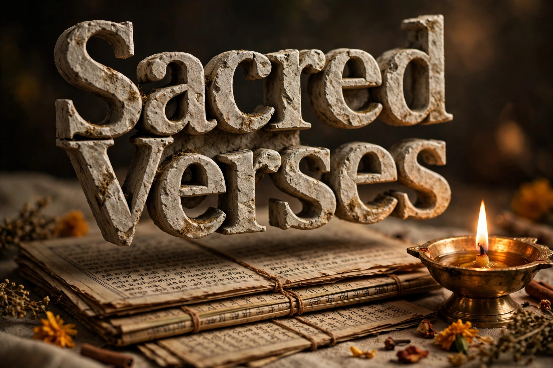 Sacred verses baby girl names — 3D floating text above ancient Sanskrit palm-leaf manuscripts