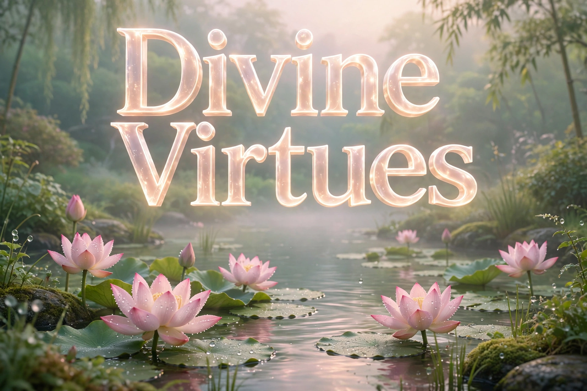 Divine virtues baby girl names — 3D floating text over a tranquil lotus pond at dawn