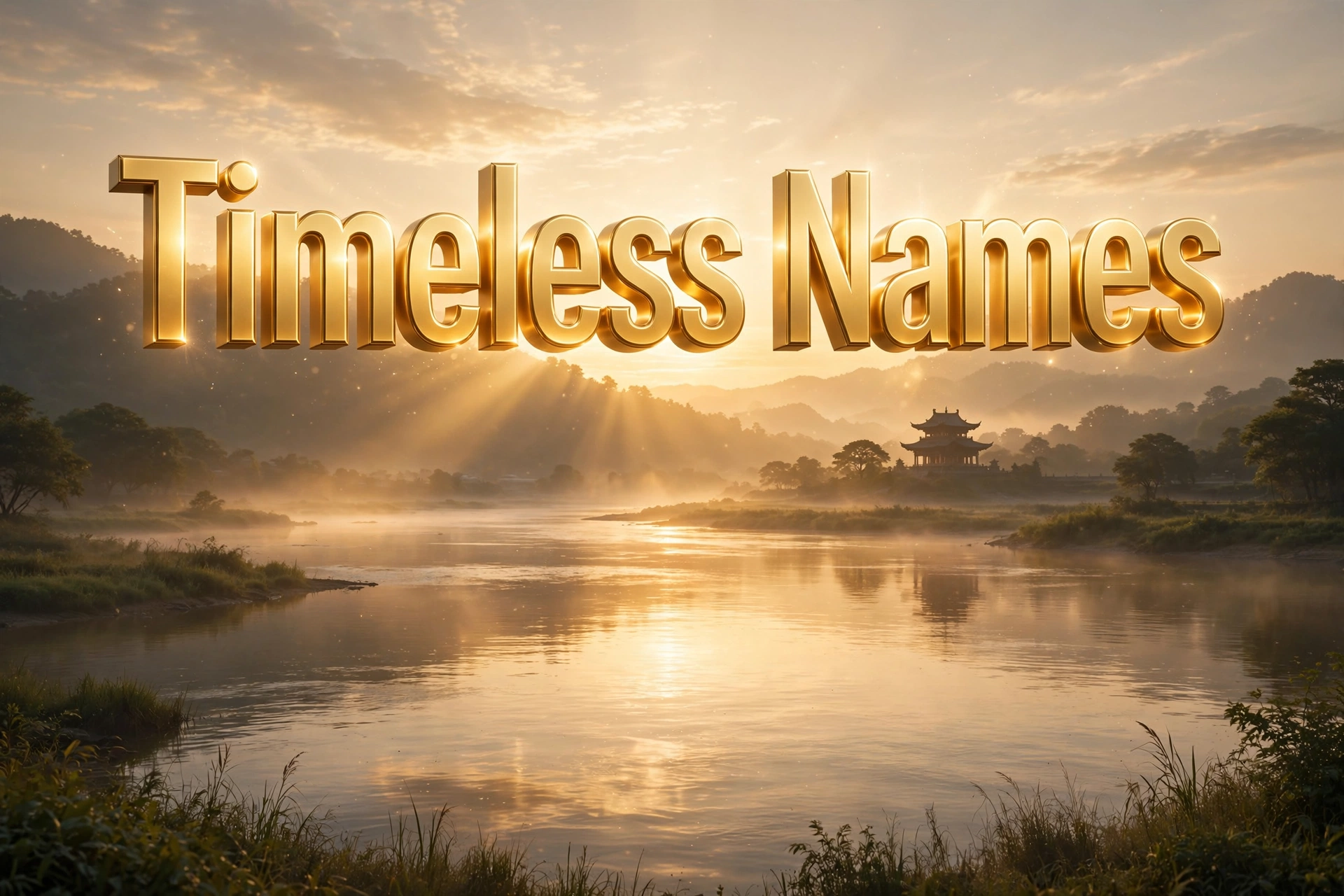 Timeless Bhagavad Gita inspired baby girl names — 3D floating text above a river at golden sunrise
