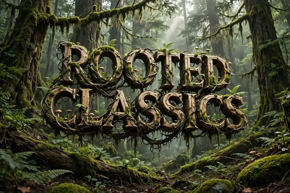 Rooted Classics botanical boy names: 3D floating text in an ancient forest scene with towering trees and moss