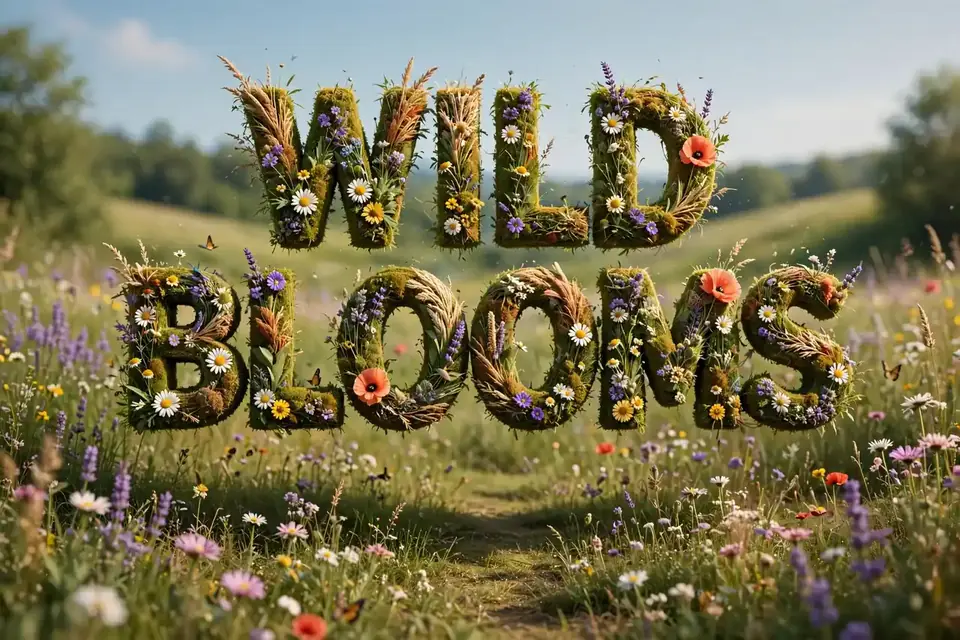 Wild Blooms flower-inspired botanical boy names: 3D floating text in a wildflower meadow