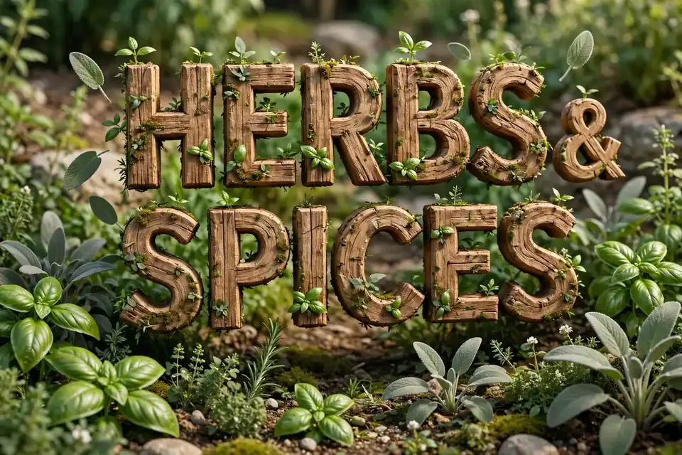 Herbs and Spices botanical boy names: 3D floating text in an herb garden with basil and sage