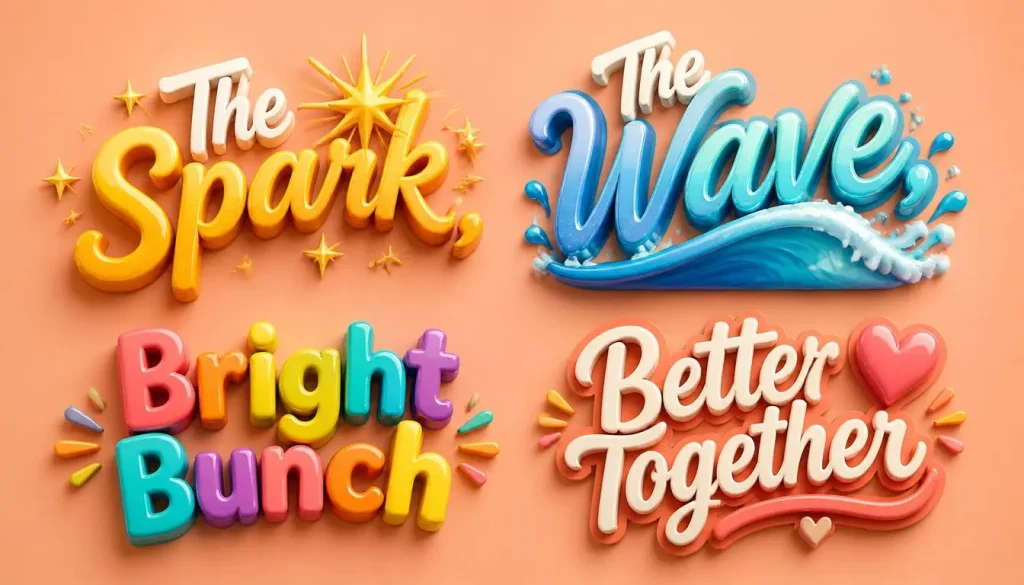 Floating 3D names such as The Spark, The Wave and Bright Bunch on a soft peach background.