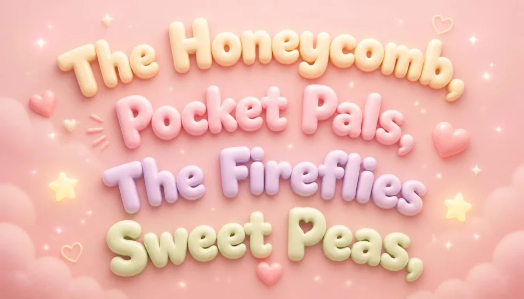 Cute group names like The Honeycomb and Pocket Pals floating as soft 3D lettering on a blush-pink background.