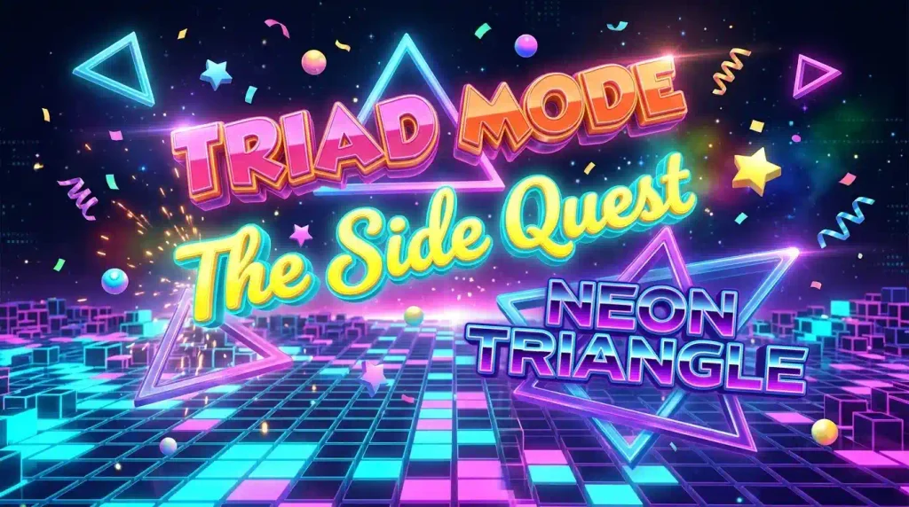 Floating 3D text Triad Mode, The Side Quest and Neon Triangle over a glowing pixel grid